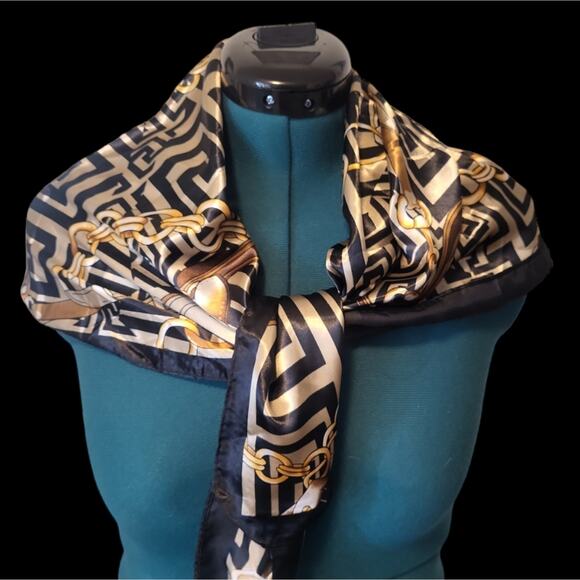 Scarf Silk Black and Gold Satin Print 35 x 35 inches - Picture 8 of 13